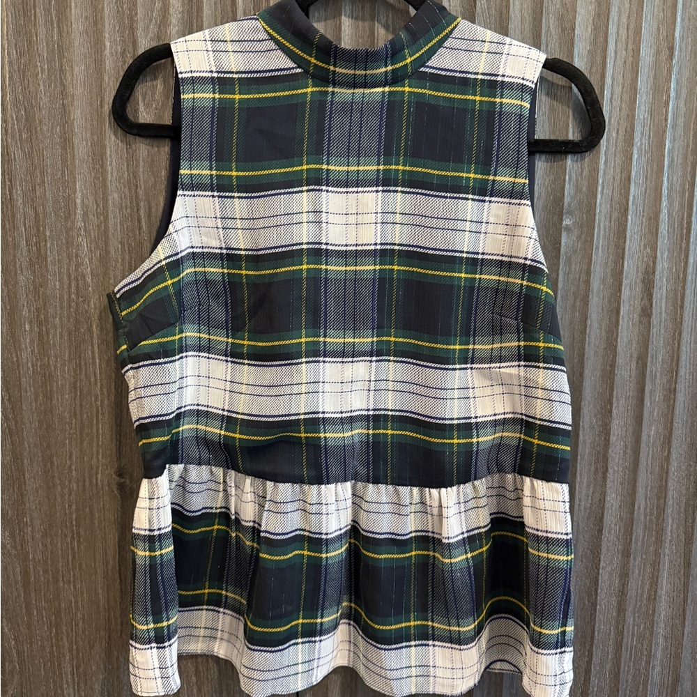 J. Crew Plaid Sleeveless Blouse - Black, Green, and White